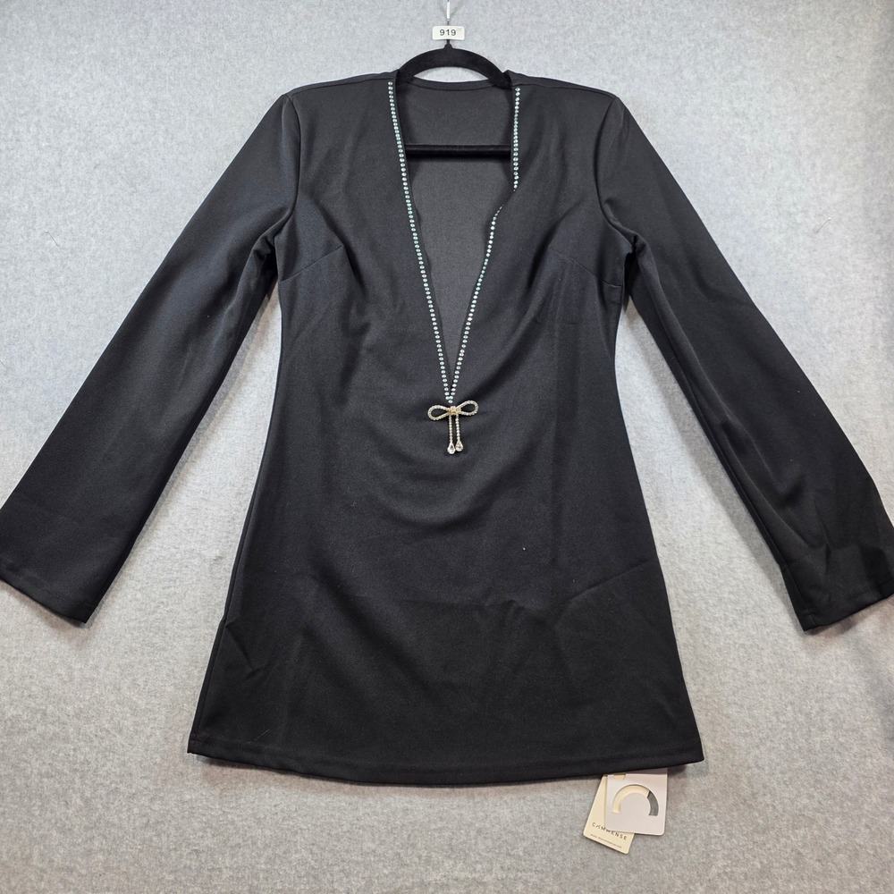Commense‎ Black Rhinestone Bow Deep V-Neck Long Sleeve Mini Dress XS NWT